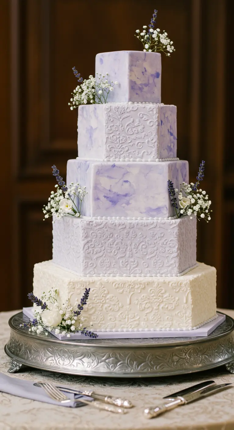 Fünfstöckige, sechseckige Torte mit abwechselnd Aquarell- und Spitzenmuster.