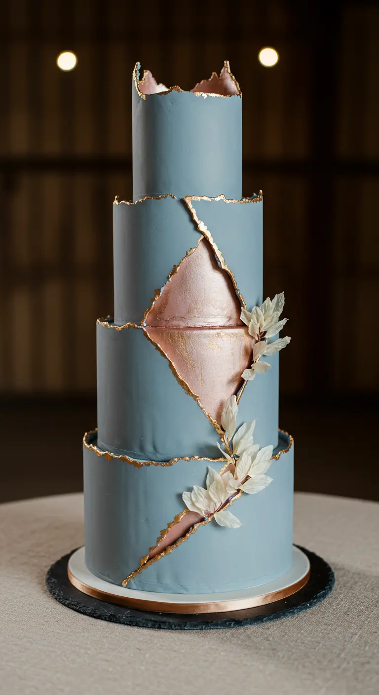 Vierstöckige, runde Torte in Dusty Blue mit diagonalen Bruchlinien, die eine roségoldene Textur freilegen.