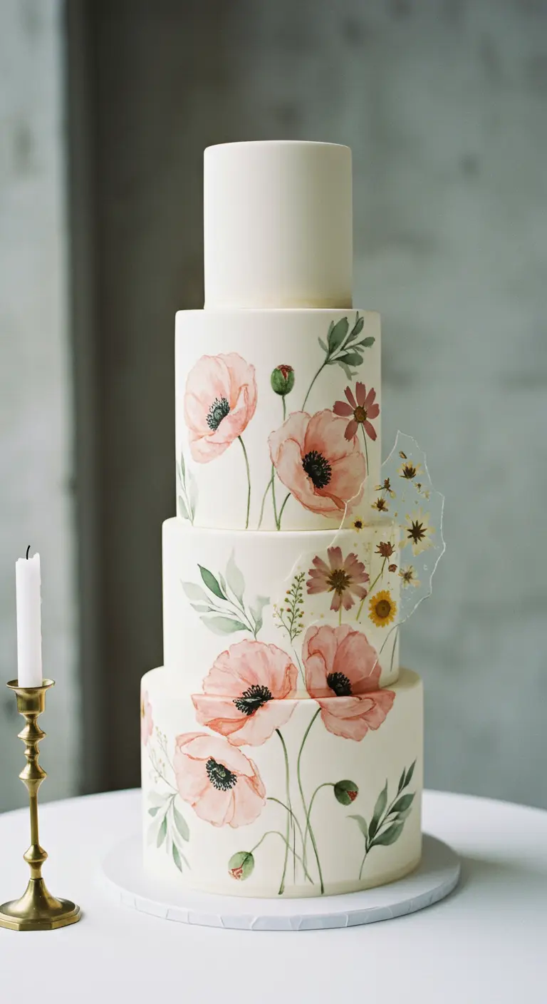 Weiße Torte mit gemalten Mohnblumen und einem transparenten Schild mit echten Blüten.