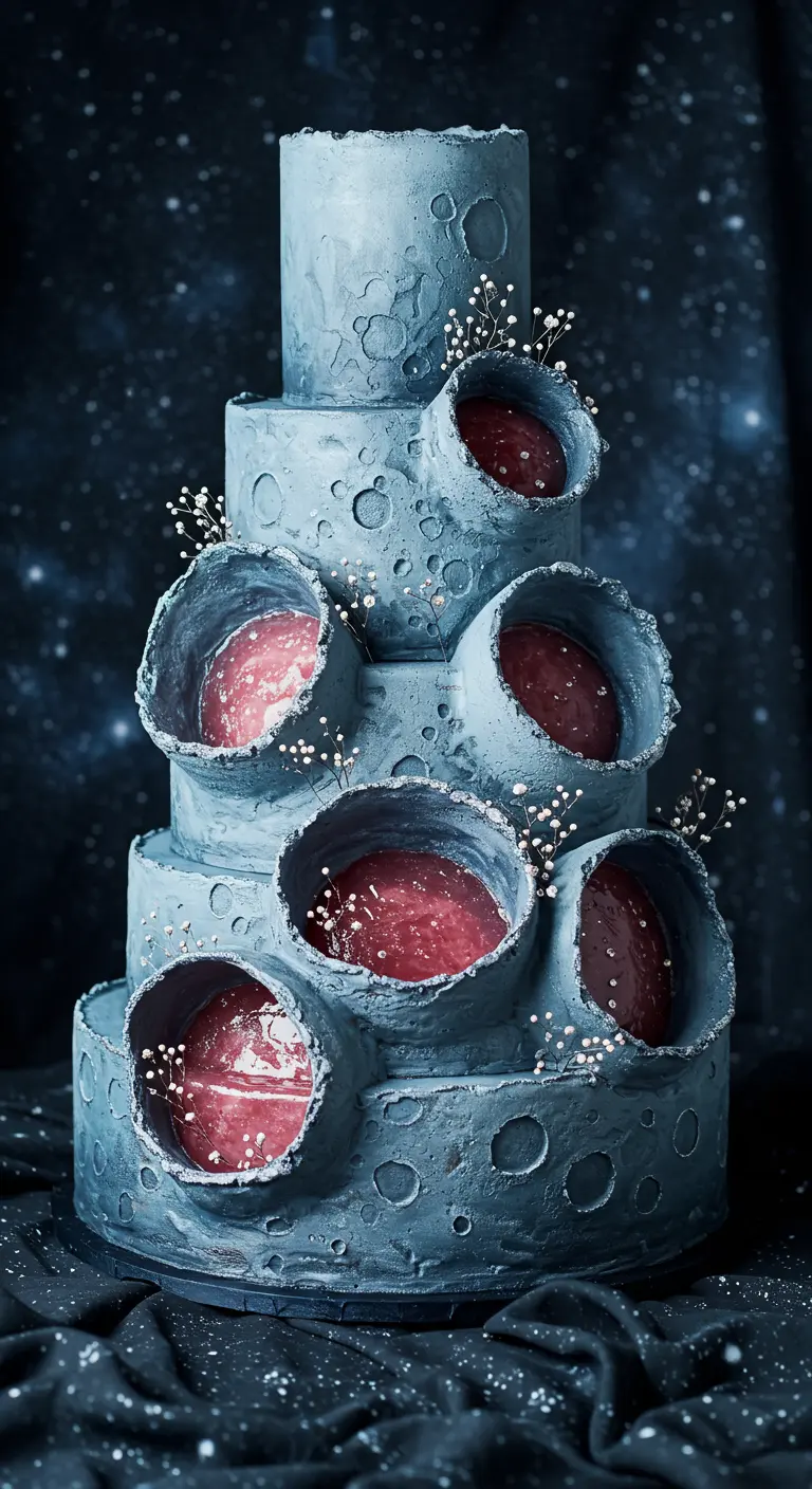 Mehrstöckige Torte in graublauer Mond-Optik mit Kratern, die mit rosa Kristallen gefüllt sind.