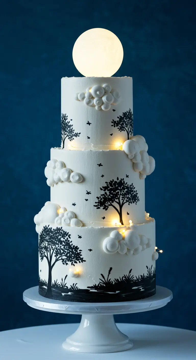 Dreistöckige weiße Torte mit schwarzen Baum-Silhouetten, beleuchteten Wolken und einem leuchtenden Mond an der Spitze