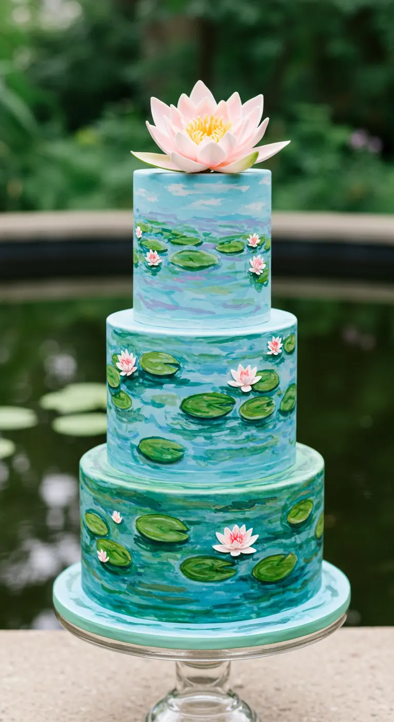 Dreistöckige Torte bemalt wie Monets Seerosenteich, mit Zucker-Seerosen.