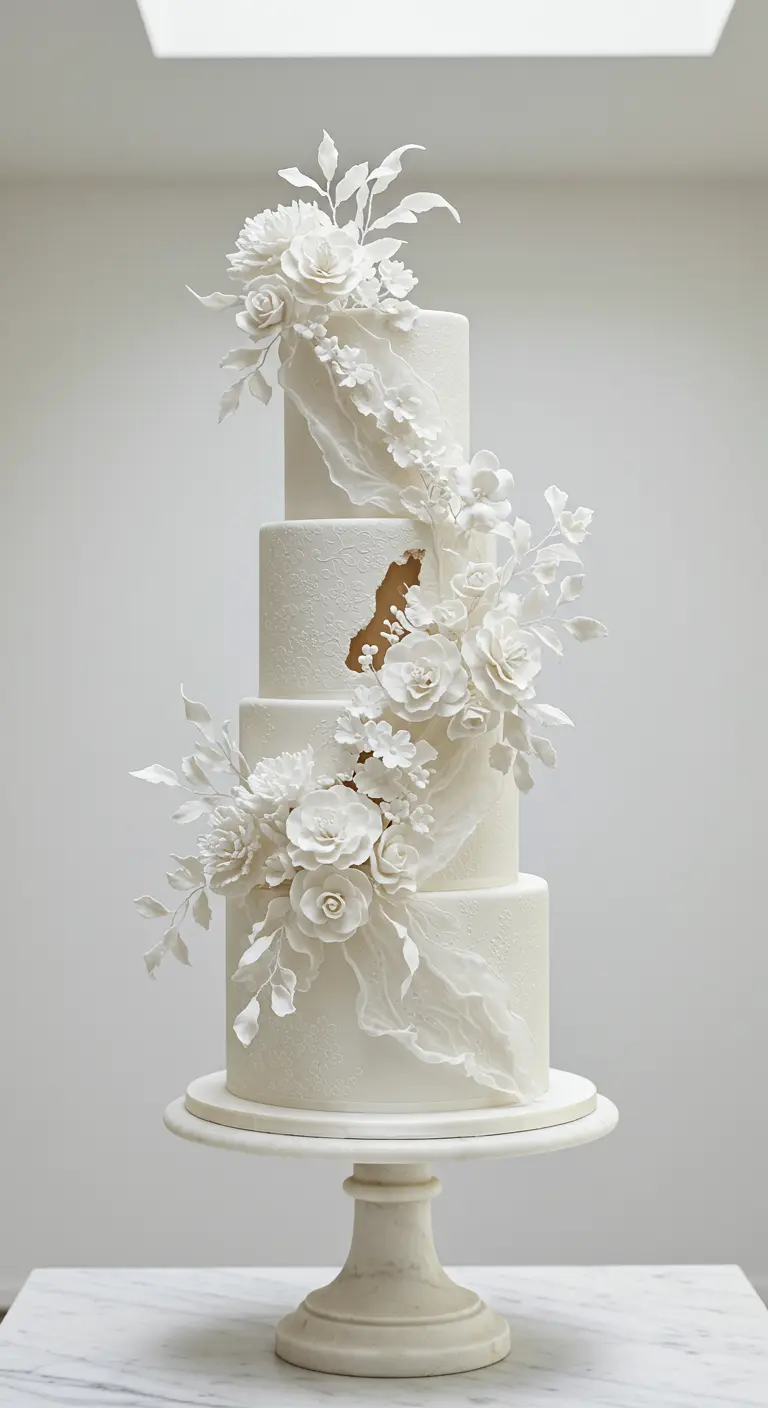 Hohe, weiße Hochzeitstorte mit weißen Zuckerblüten, zarter Stoffdrapierung und dezenten Mustern.