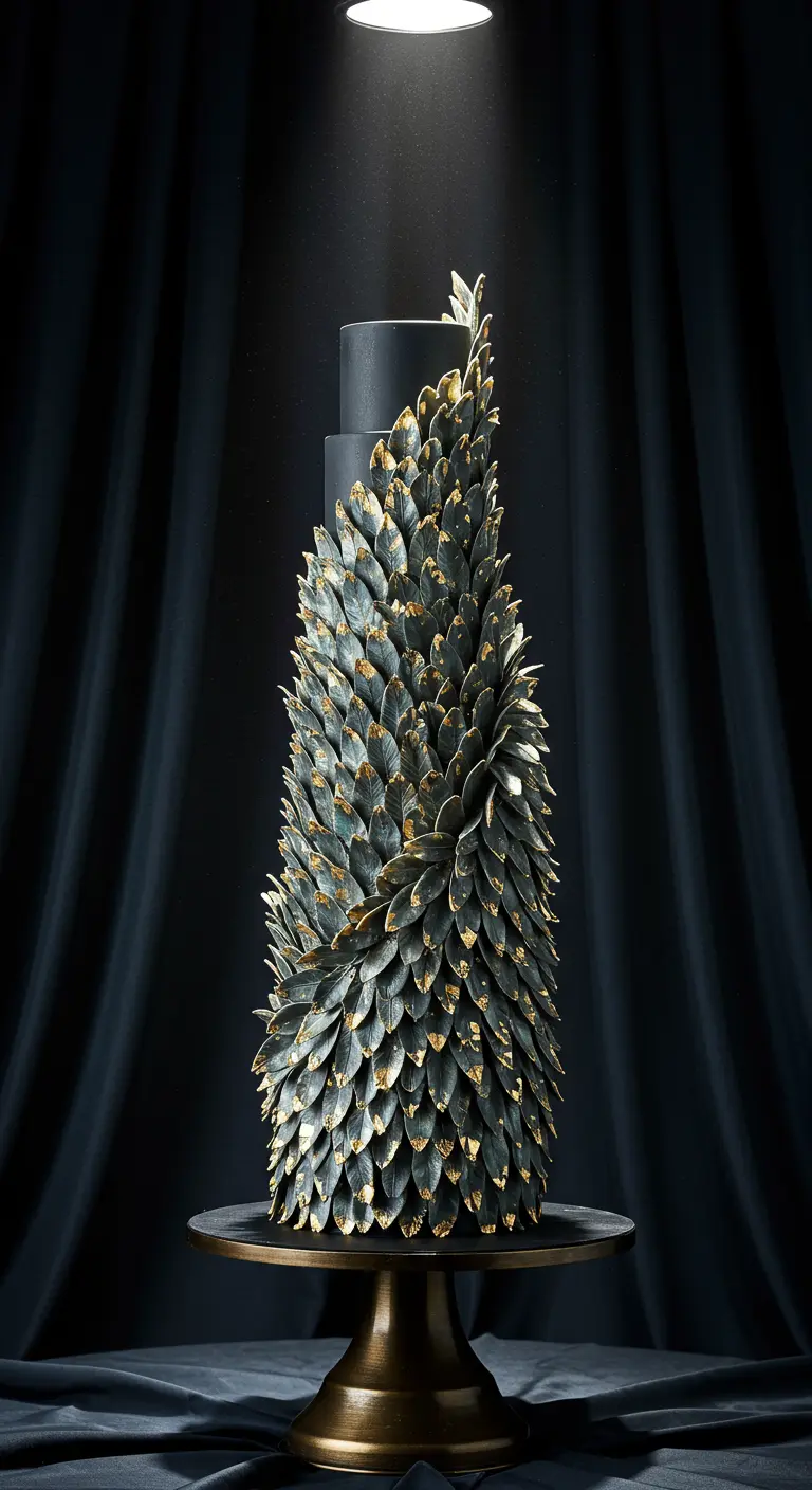 Dunkelgrüne Hochzeitstorte mit dichten, goldgetippten Zuckerfedern in Spiralform.