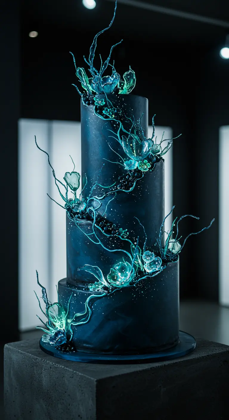Dunkelblaue, dreistöckige Hochzeitstorte mit leuchtend blauen und grünen Zuckerglas-Akzenten.
