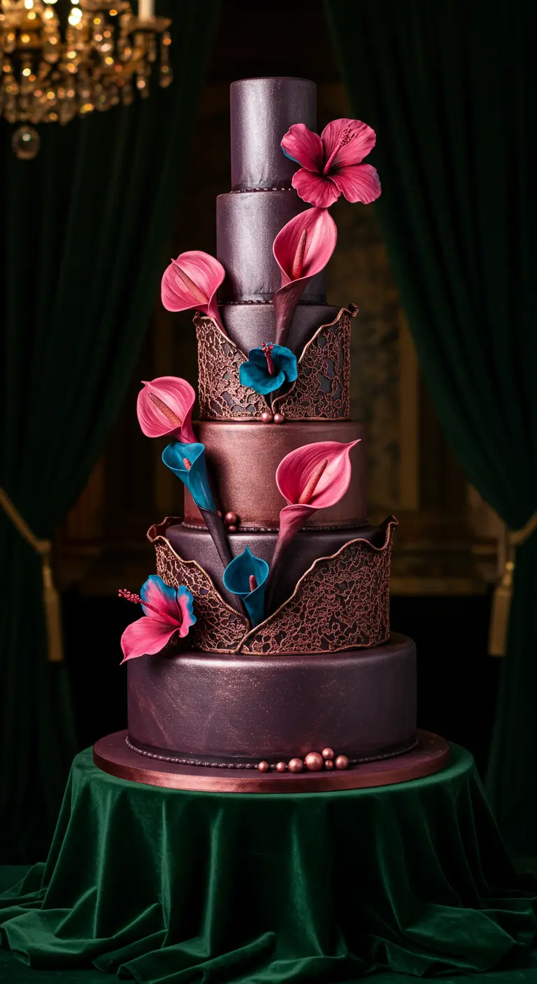 Dunkelmetallische Torte mit Spitzendetails und leuchtend pinken und türkisen Anthurienblüten.