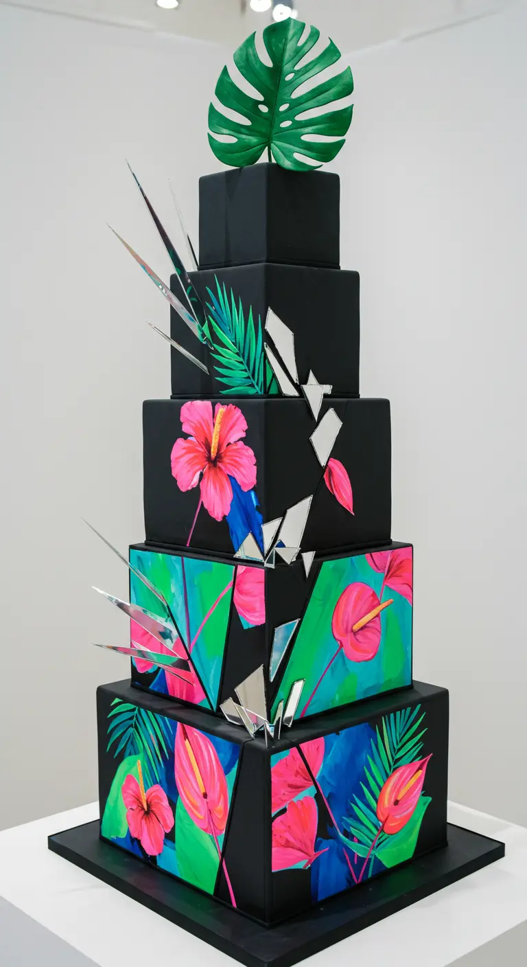 Schwarze, gestapelte Torte mit Neon-Graffiti-Mustern aus Hibiskus und Anthurien und silbernen Spiegelstücken.