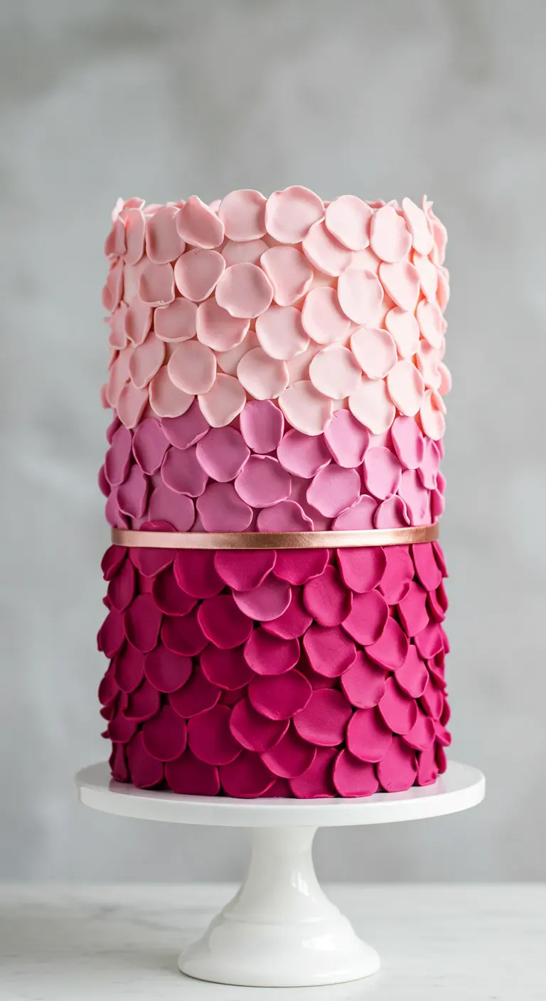 Zweifarbige Torte mit Ombré-Effekt in Rosa- und Pinktönen, gestaltet mit Blütenblatt-Textur.