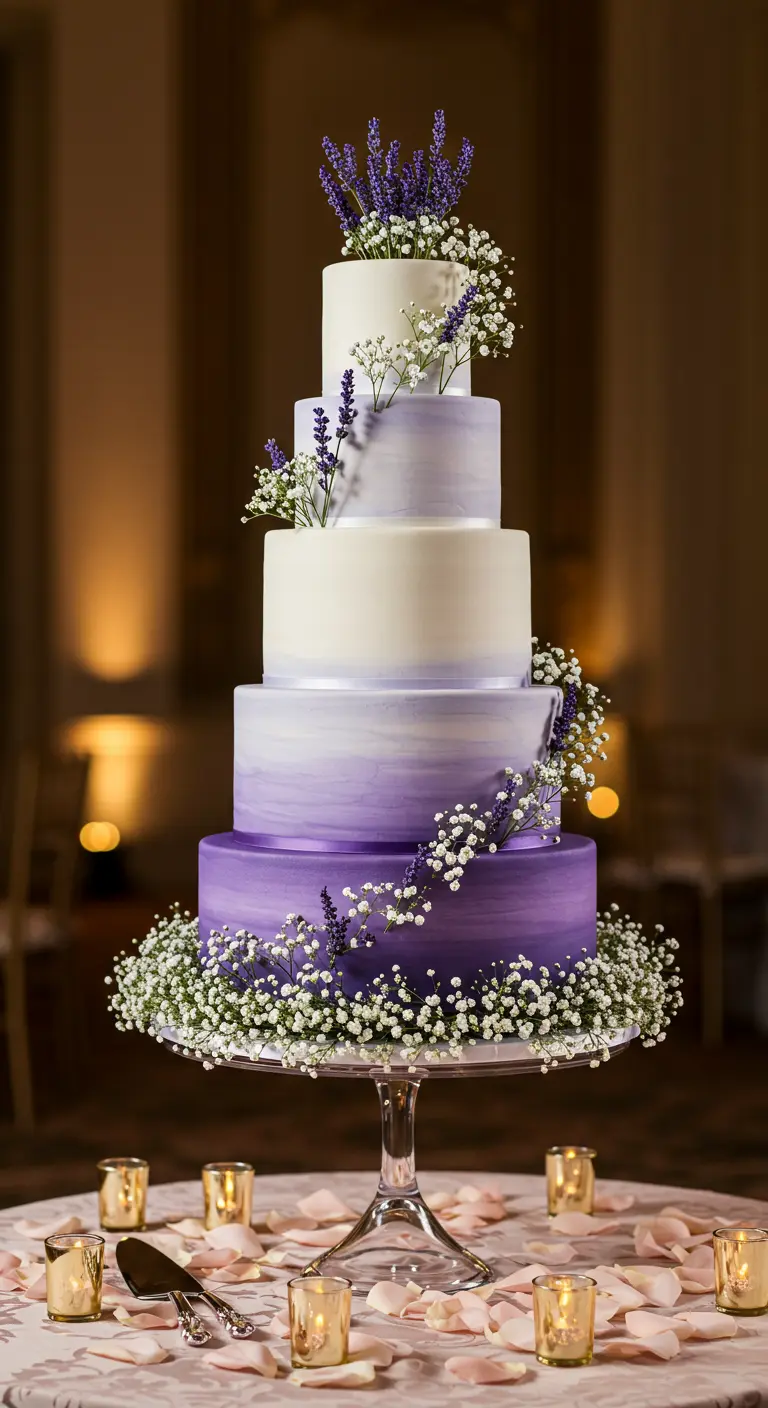 Fünfstöckige Torte mit lila Ombré-Verlauf und Schleierkraut.