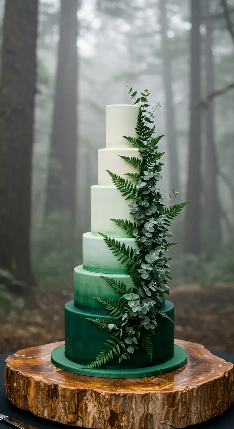 Ombré-Torte mit Farbverlauf von Grün zu Weiß, dekoriert mit einer Farn-Girlande.