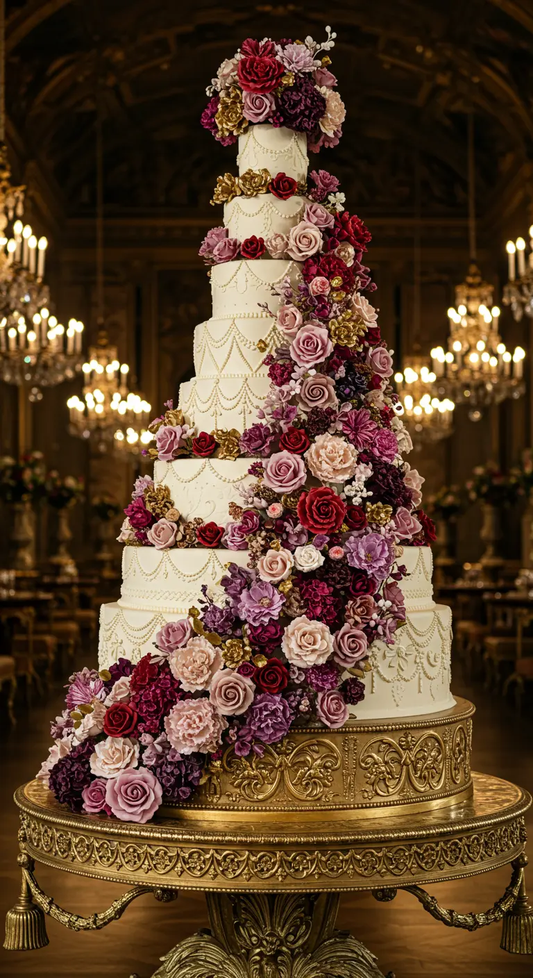 Riesige, mehrstöckige Hochzeitstorte mit einer üppigen Kaskade aus rosa, violetten, roten und goldenen Zuckerblüten.