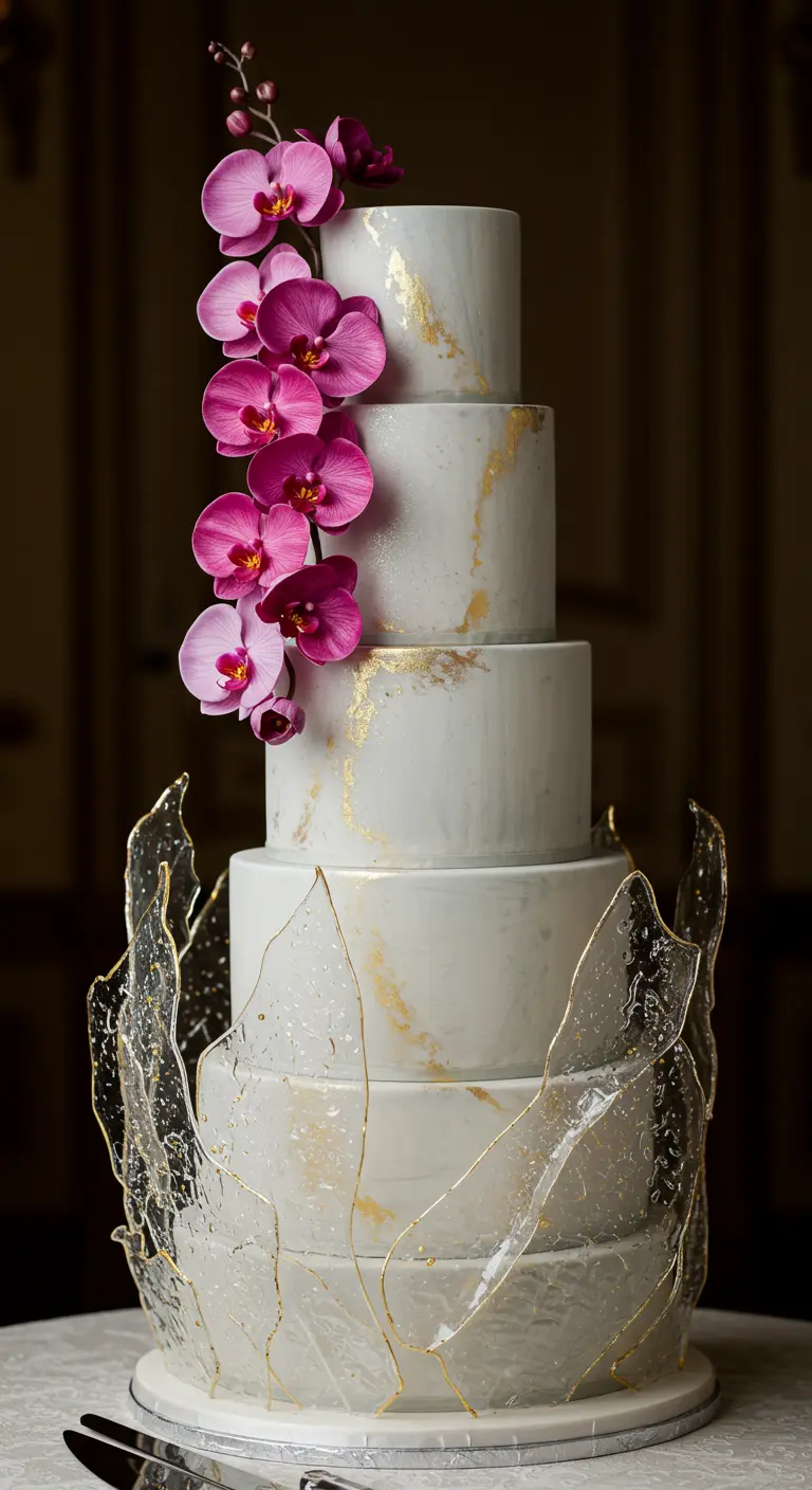 Hohe Marmortorte mit rosa Orchideen und einem großen, transparenten Zuckerelement am Boden.