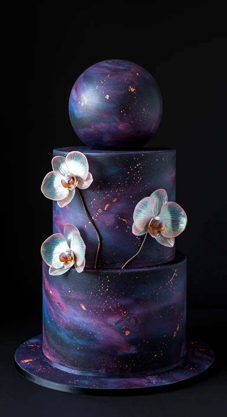 Zweistöckige Torte im Galaxie-Look mit einer Kugel als Topper und schillernden Seiden-Orchideen.