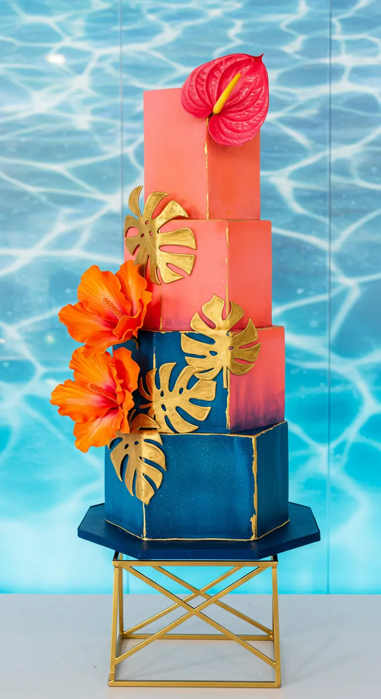 Vierstöckige Torte in Korallenrot und Blau mit goldenen Kanten, Monstera-Blättern und tropischen Blüten.
