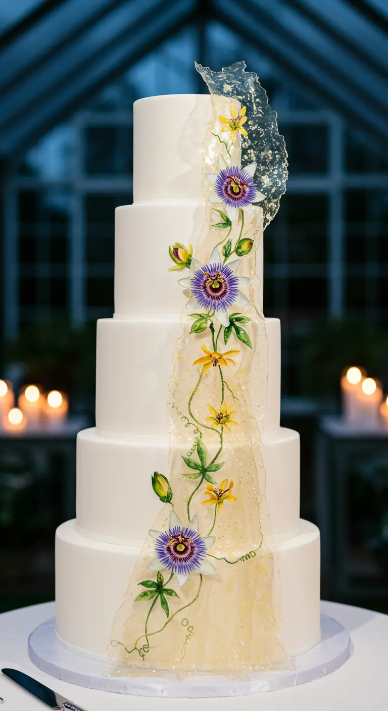 Sehr hohe, weiße Torte mit Passionsblumen, die auf einem Zuckerschleier gemalt sind.
