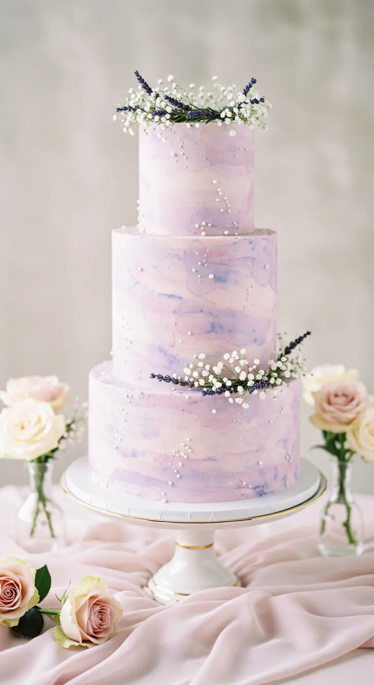 Dreistöckige Torte in Pastellfarben mit Zuckerperlen und Lavendel.