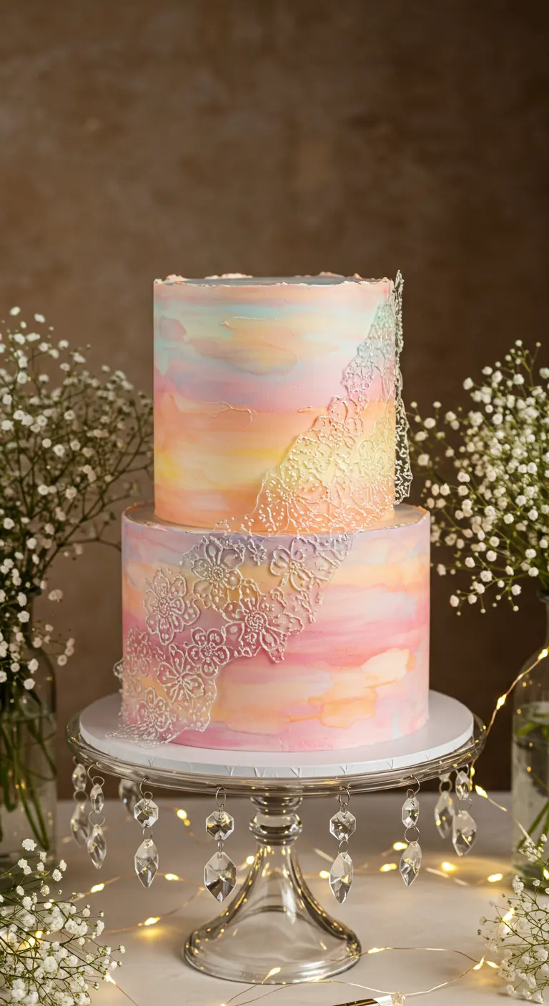 Zweistöckige Torte in Regenbogen-Pastellfarben mit weißer Zucker-Spitze verziert.