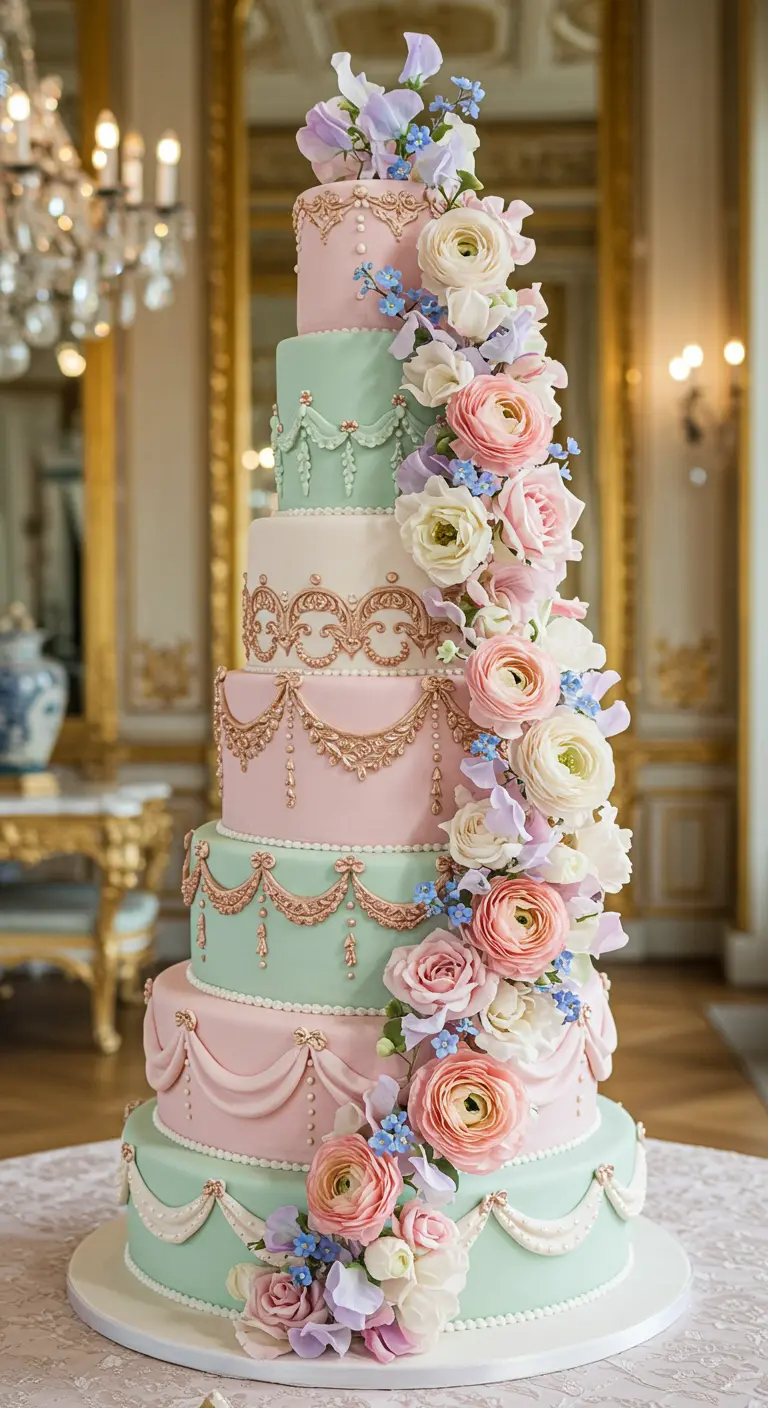 Sehr hohe Torte in Pastellfarben mit goldenen Ornamenten und einer Kaskade aus Seidenblumen.
