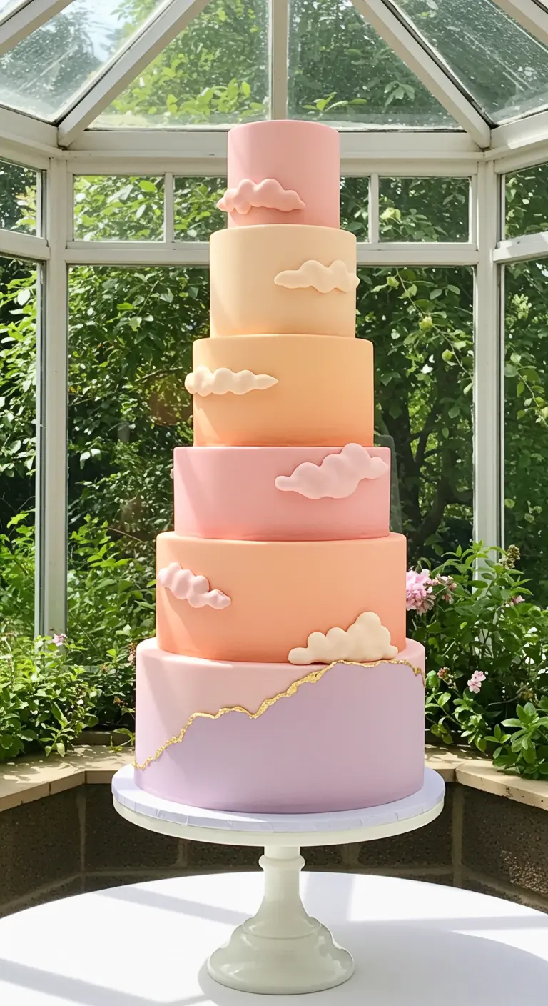 Mehrstöckige Torte in Pastellfarben mit Fondant-Wolken und Goldakzent.