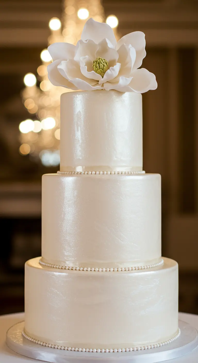 Dreistöckige, perlmuttfarben schimmernde Torte mit einer weißen Magnolie obendrauf.
