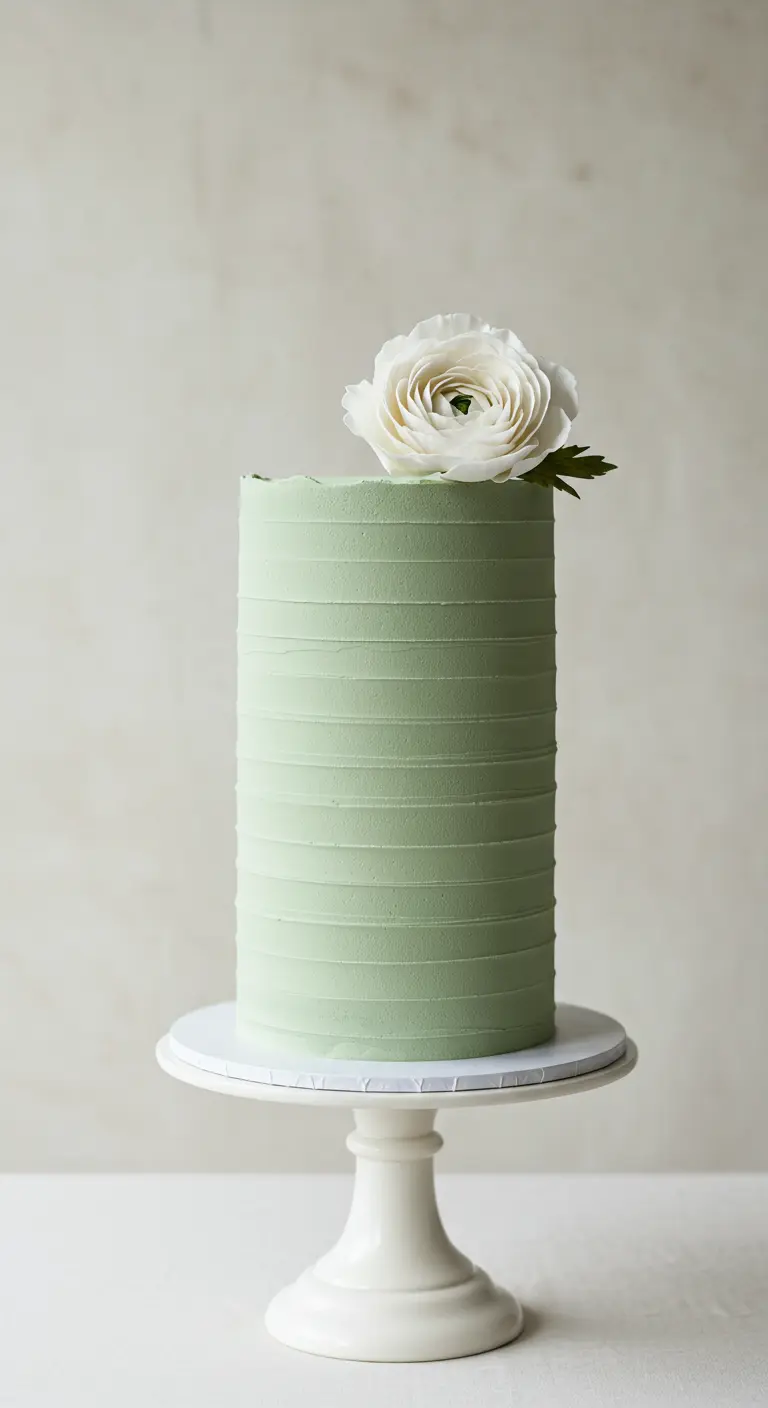 Hohe, mintgrüne Torte mit Rillenstruktur und einer weißen Ranunkel.