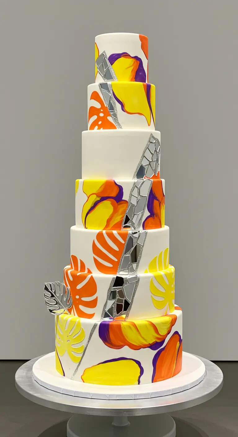 Weiße Torte mit abstrakten, bunten tropischen Formen und silbernen, spiegelnden Elementen.