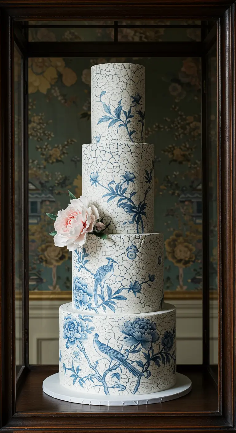 Vierstöckige Torte mit weißem Krakelee-Muster und blauen Chinoiserie-Vogel- und Blumenmotiven.