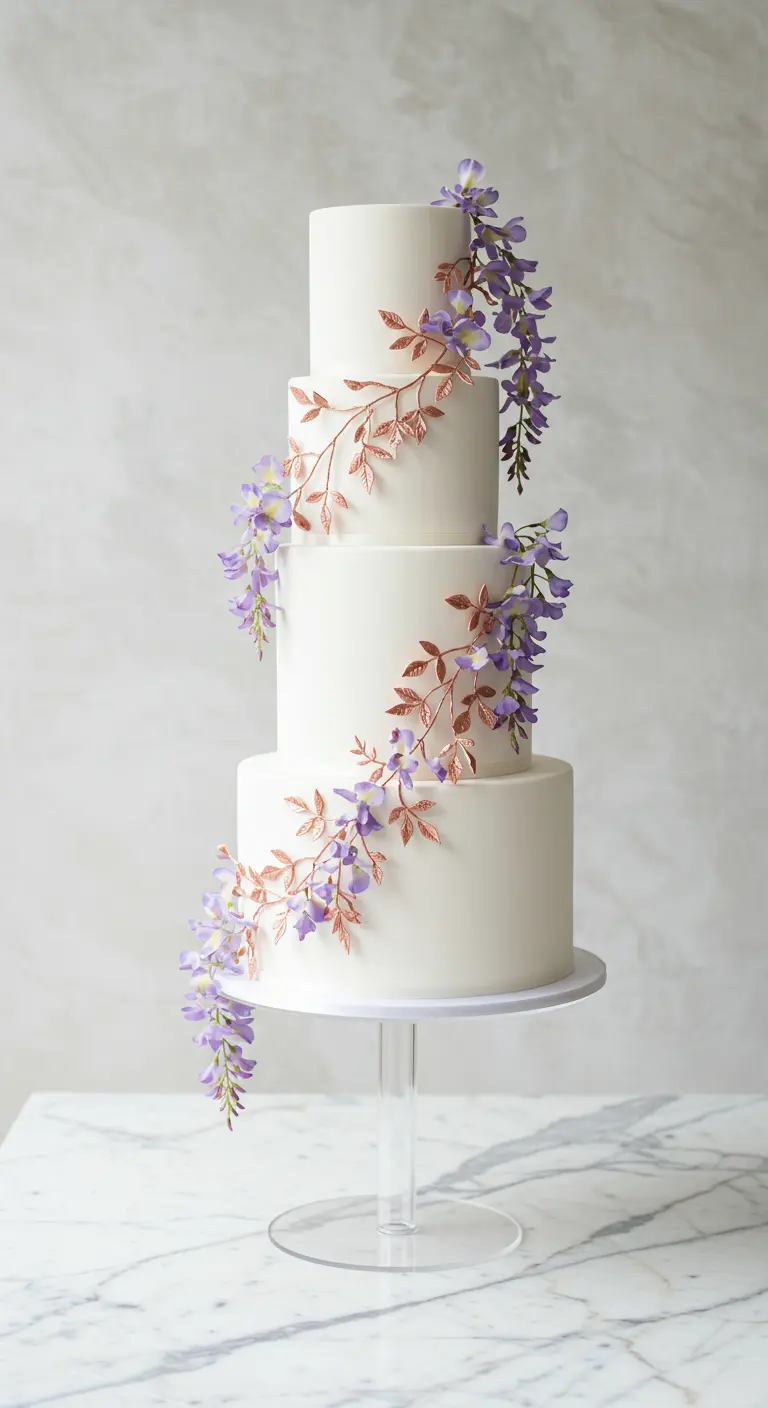 Weiße, vierstöckige Torte mit einer Spirale aus roségoldenen Blättern und lila Seiden-Glyzinien.