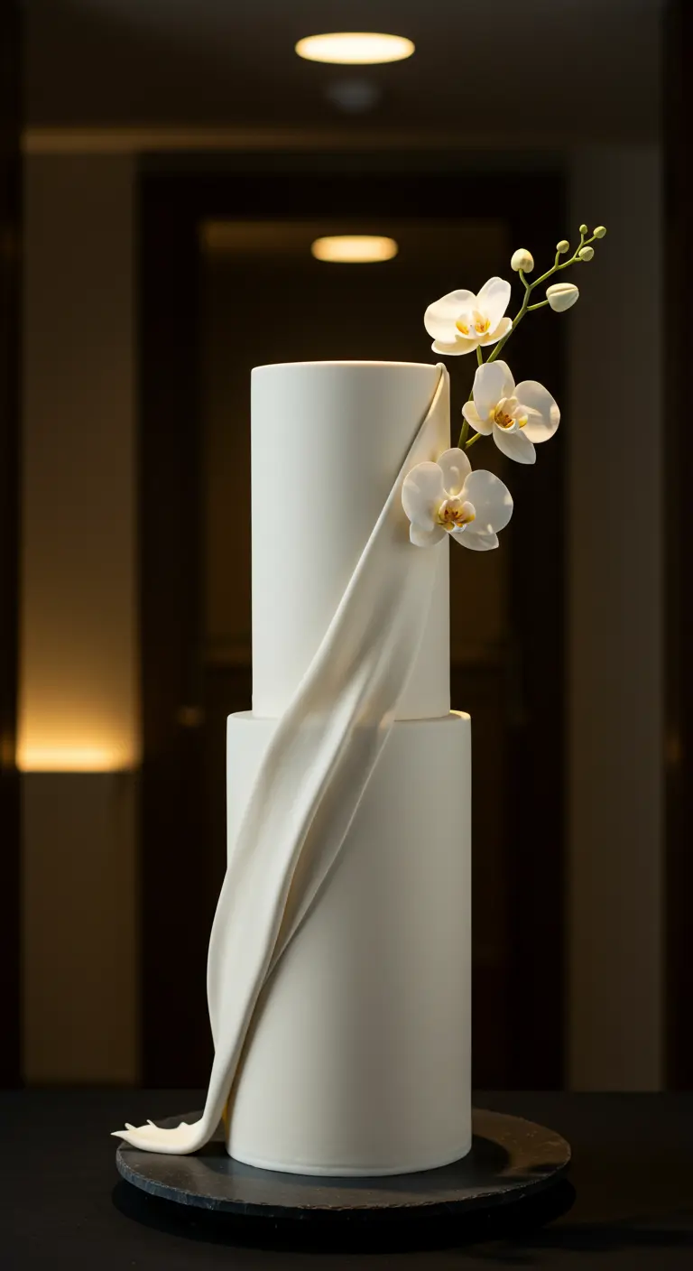 Zweistöckige, weiße Hochzeitstorte mit einer einzelnen weißen Orchidee und einer diagonalen, weichen Fondant-Drapierung.