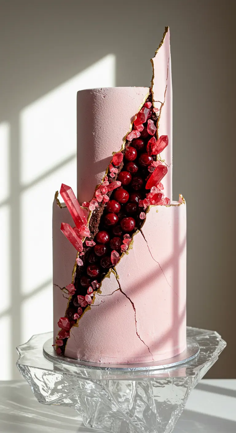 Zweistöckige rosa Torte mit einem vertikalen Riss, gefüllt mit Kirschen, Schokoladenstücken und rosa Zuckerkristallen