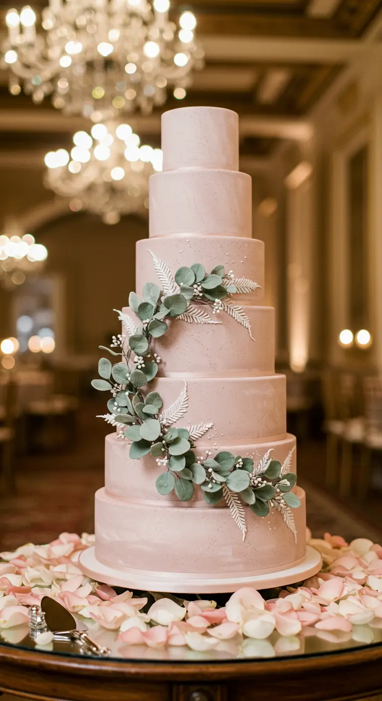 Mehrstöckige rosa Marmor-Torte mit Eukalyptus- und Farn-Deko aus Zucker.