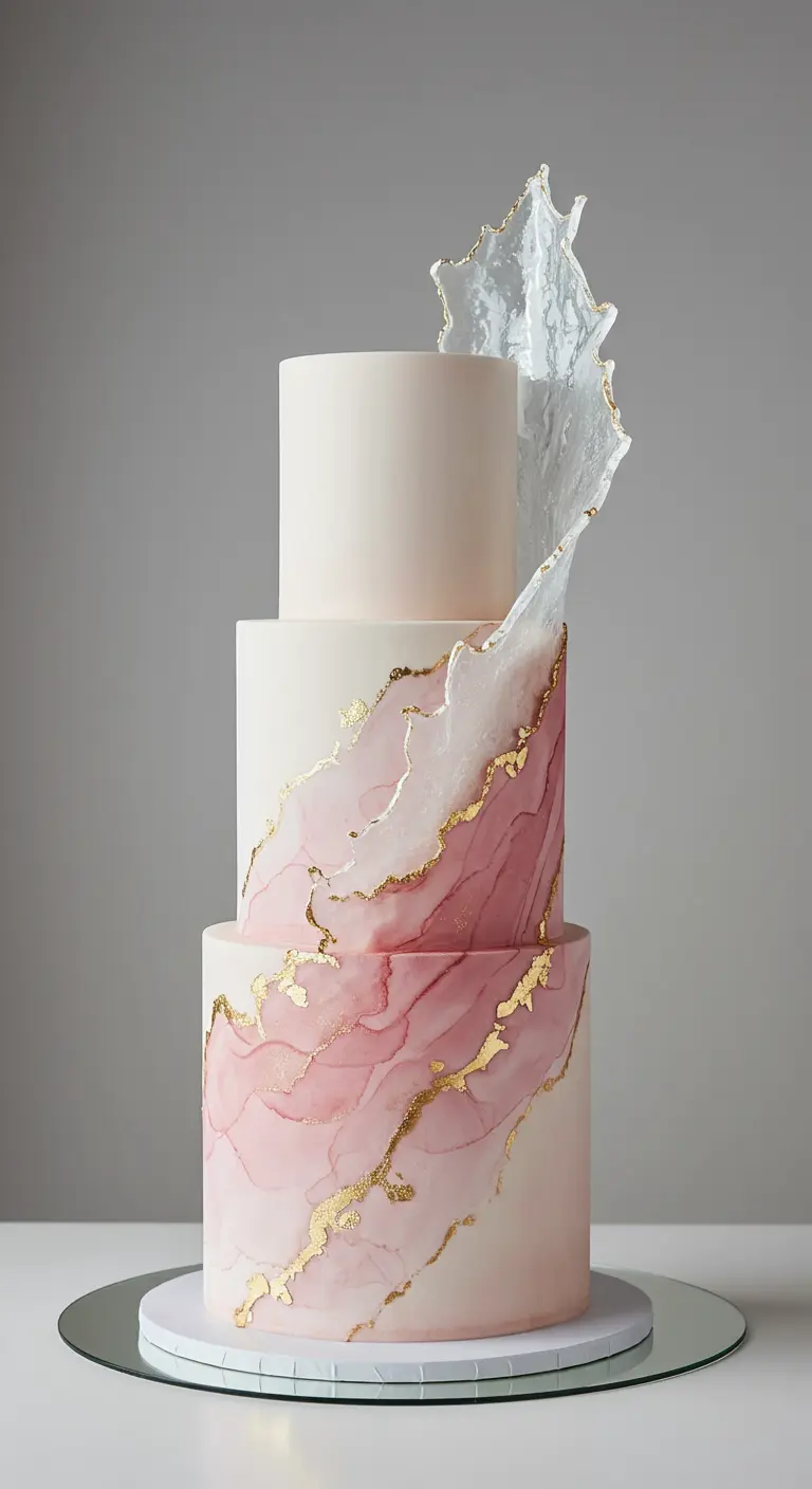Dreistöckige Torte mit rosa Aquarellverlauf und einem transparenten Zuckerschleier.