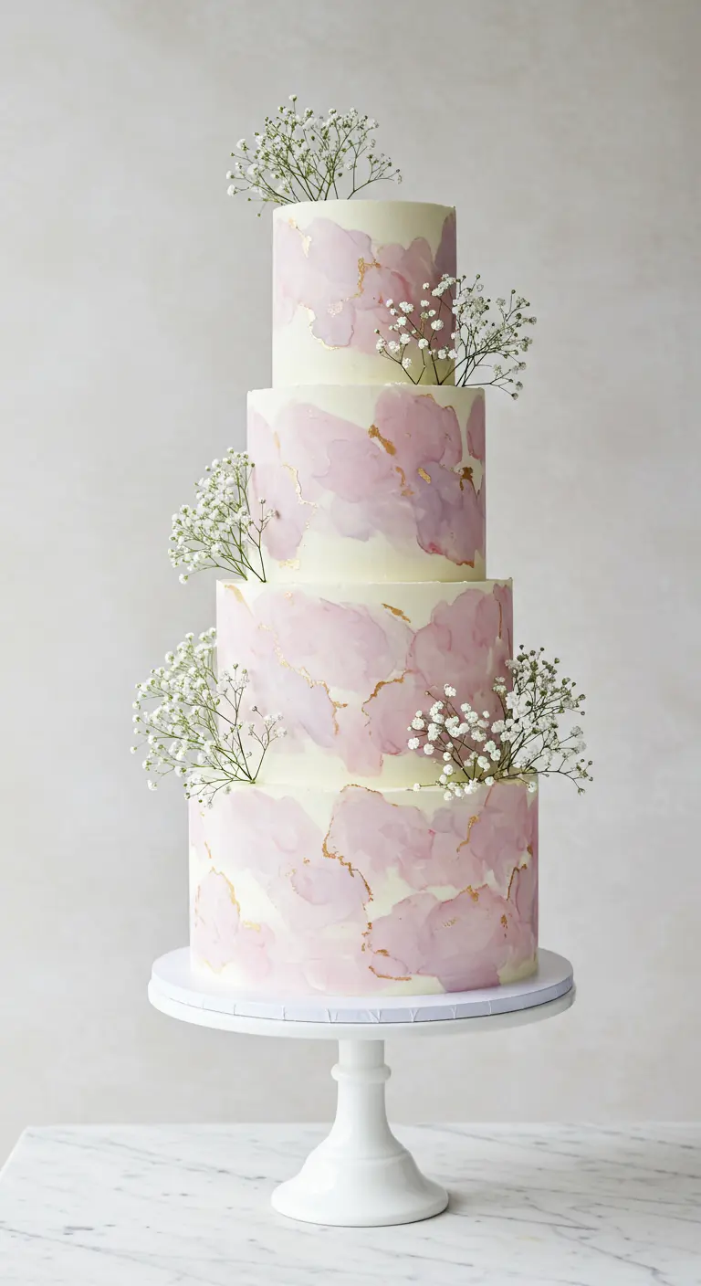 Vierstöckige Hochzeitstorte mit rosa Aquarell und Schleierkraut.