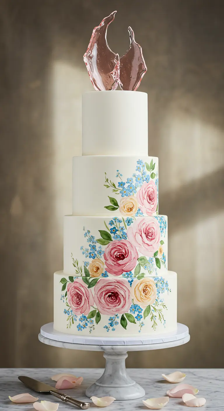 Hohe, weiße Torte mit gemalten Rosen und einem rosa Zucker-Topper.