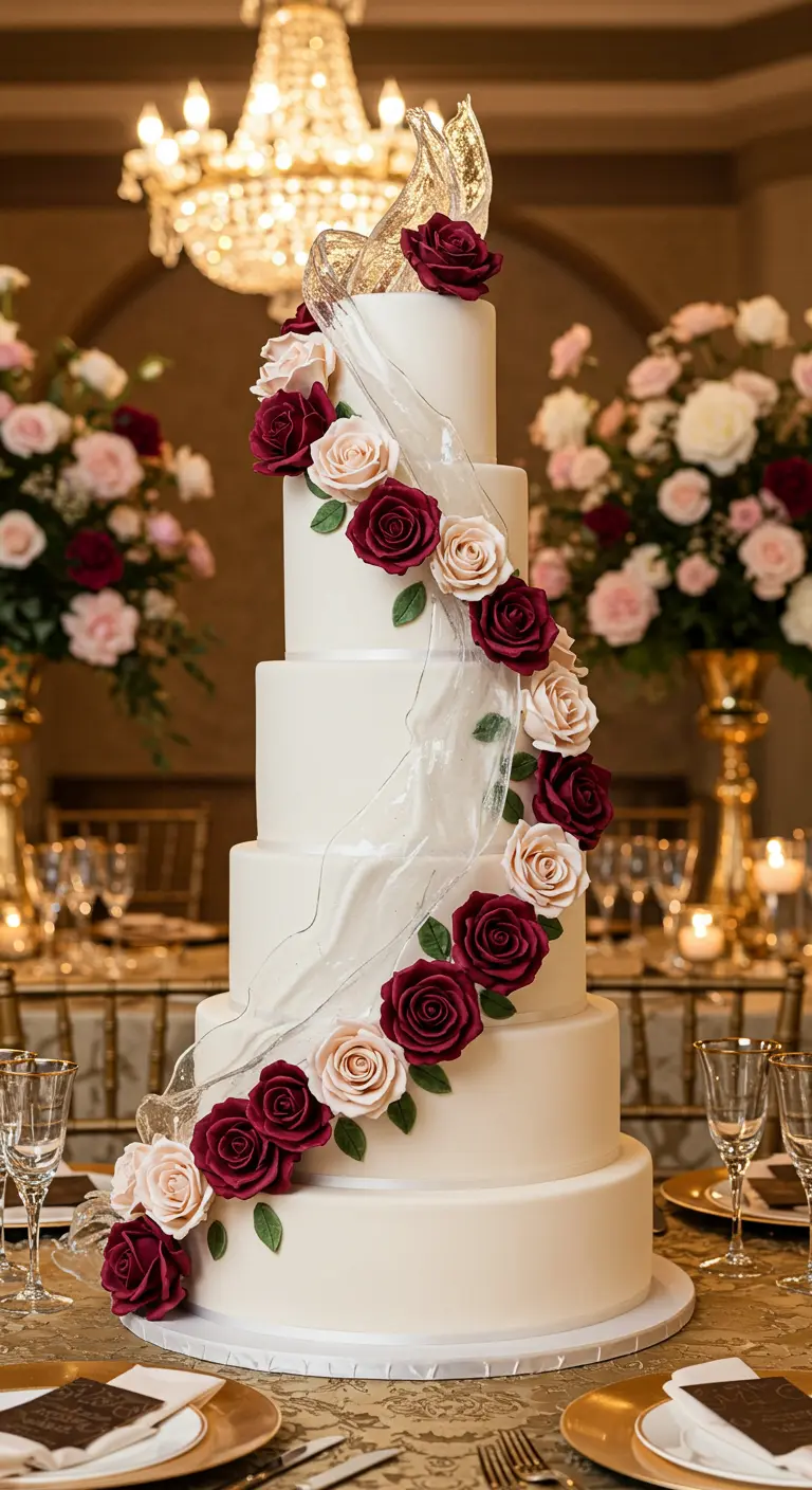 Sechsstöckige weiße Hochzeitstorte mit roten und rosa Rosen in einem transparenten Schleier.