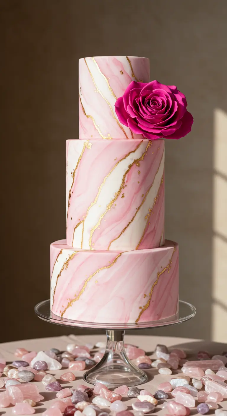 Dreistöckige rosa-marmorierte Torte mit Goldadern und einer echten pinken Rose.