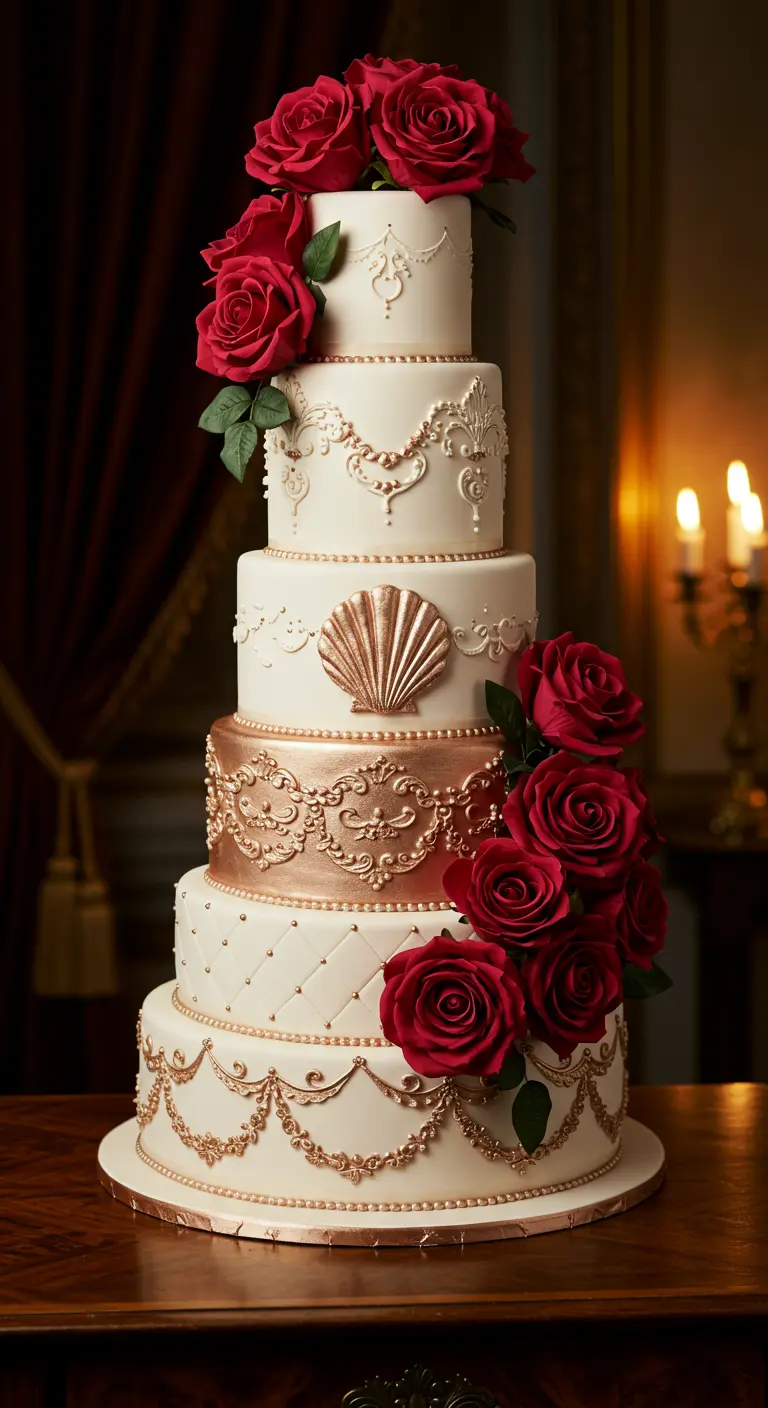 Prunkvolle, fünfstöckige Hochzeitstorte mit goldenen Ornamenten und roten Seidenrosen.