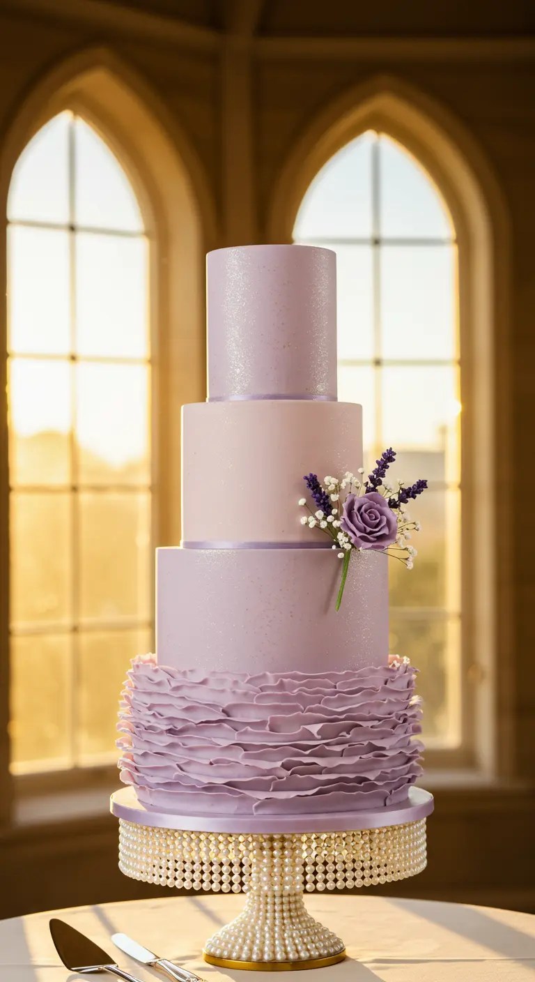 Vierstöckige lila Torte mit Rüschen auf der untersten Etage.