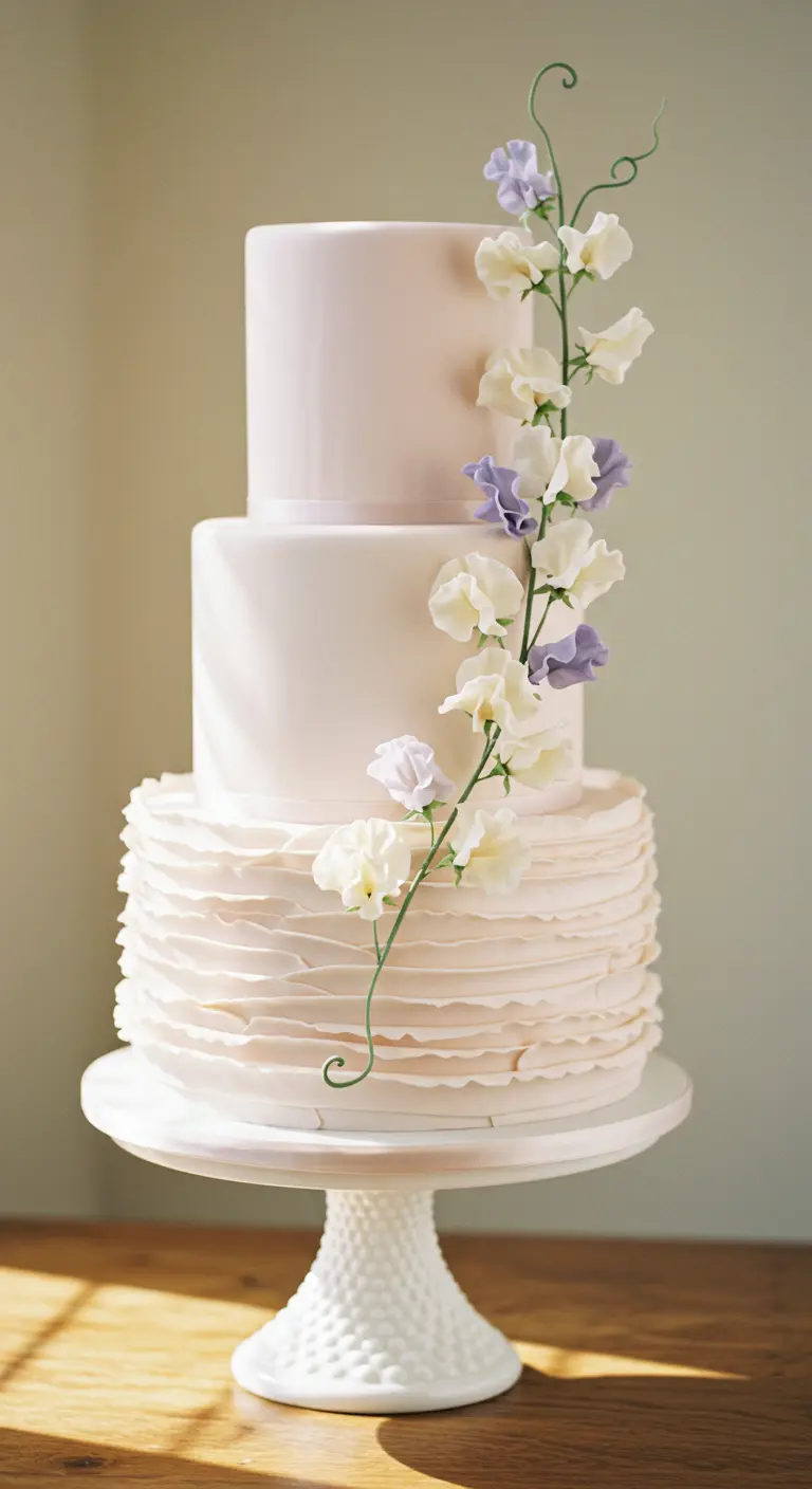 Dreistöckige, zartrosa Torte mit Rüschen und einer Ranke aus Wickenblüten.