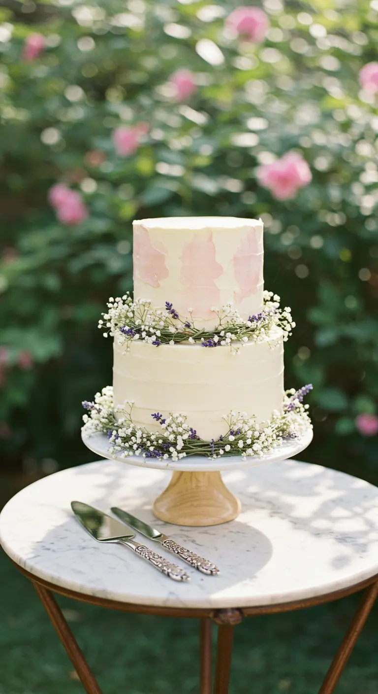 Zweistöckige, rustikale Buttercremetorte mit Schleierkraut-Kränzen.