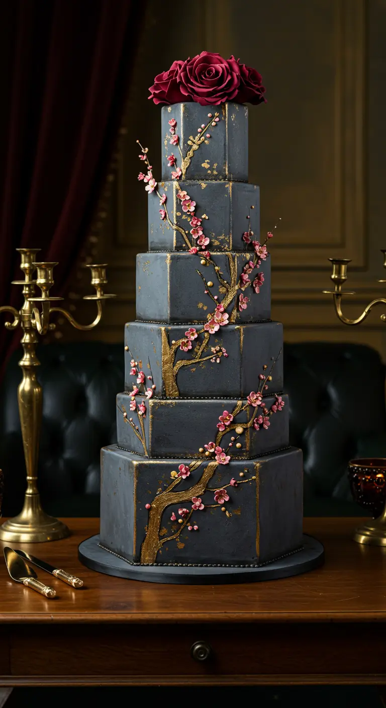 Hohe, mehrstöckige graue Torte mit gold und rosa bemalten Kirschblütenzweigen und roten Rosen obendrauf