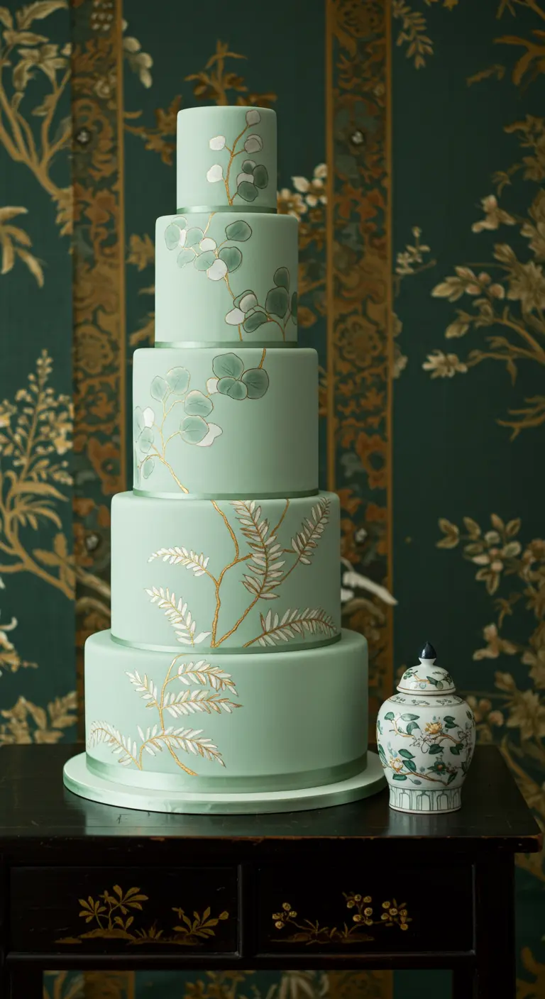 Mintgrüne Torte mit handgemalten goldenen und weißen botanischen Mustern.