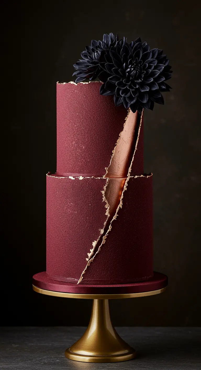 Zweistöckige Torte mit weinroter Samt-Textur, einem goldenen Riss und einer großen schwarzen Seidenblume.