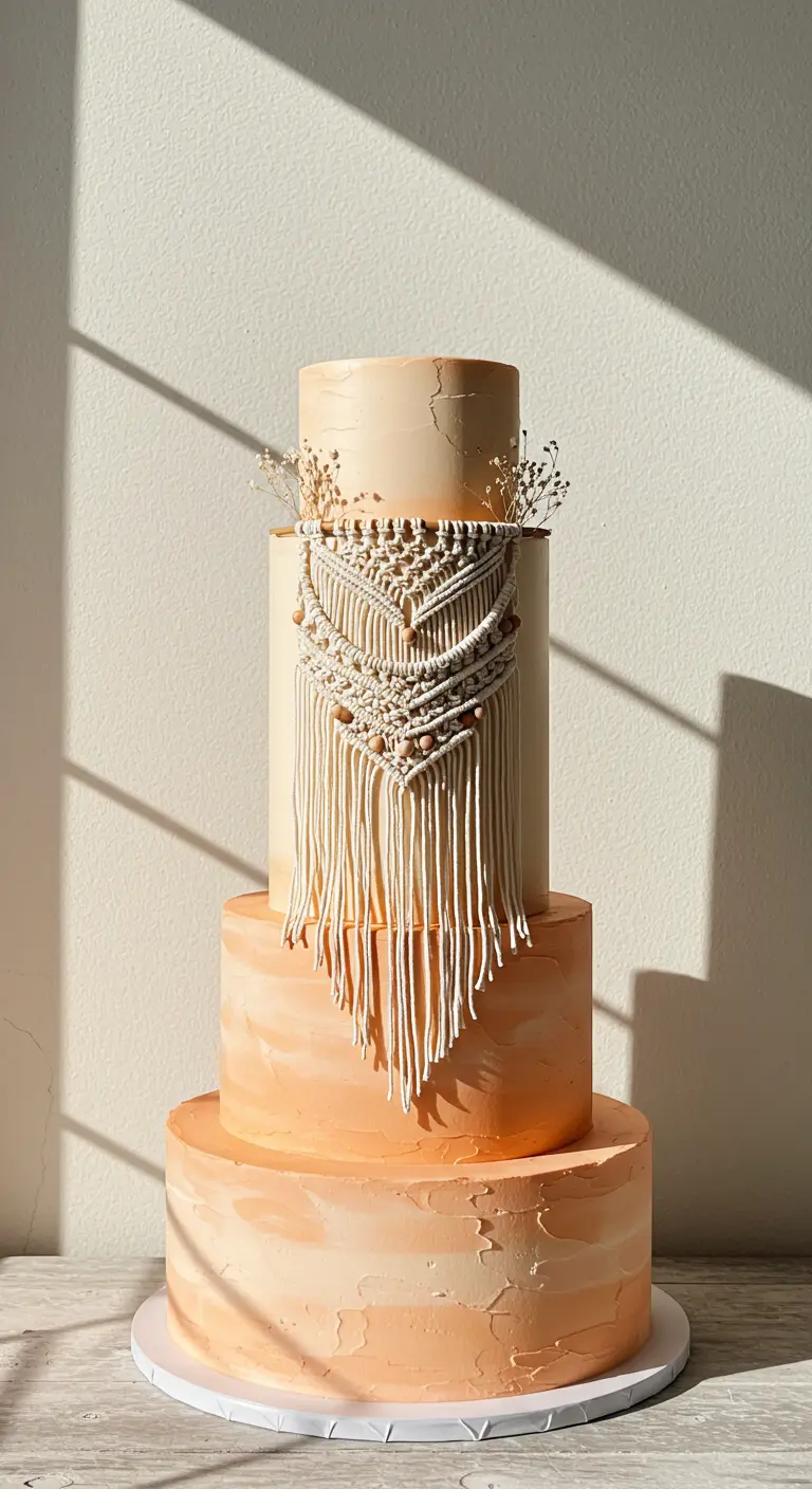 Dreistöckige Hochzeitstorte in Ombré-Orangetönen mit Makramee-Detail auf der oberen Ebene.