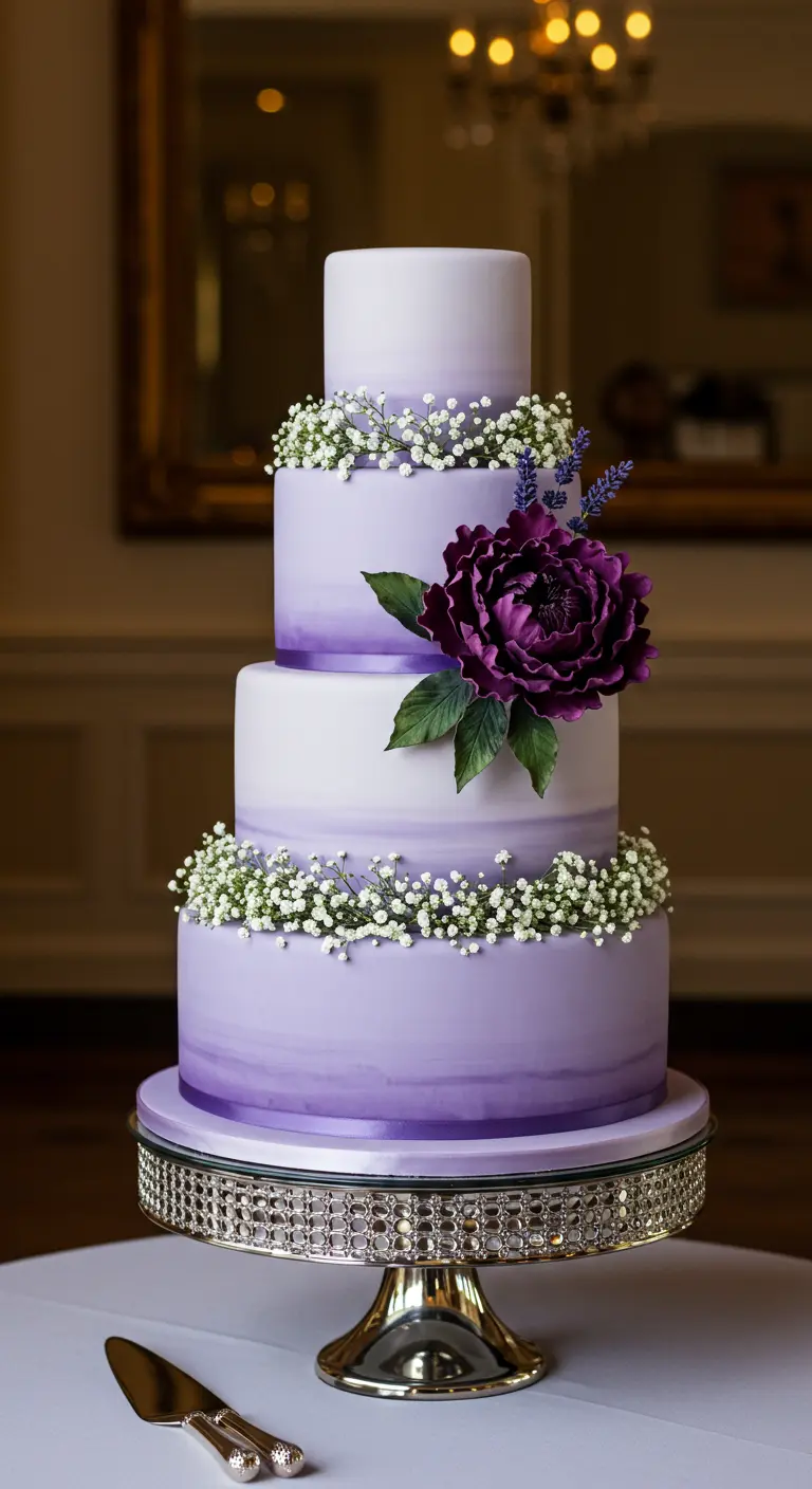 Vierstöckige lila Ombré-Torte mit Schleierkraut-Kränzen.