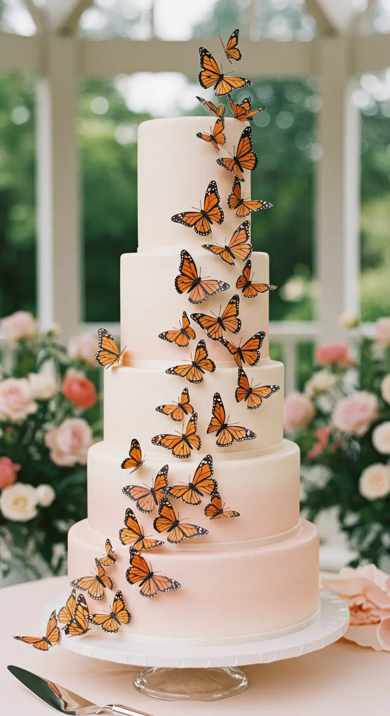 Mehrstöckige Hochzeitstorte mit rosa Ombré-Verlauf und einem Schwarm von Monarchfaltern.