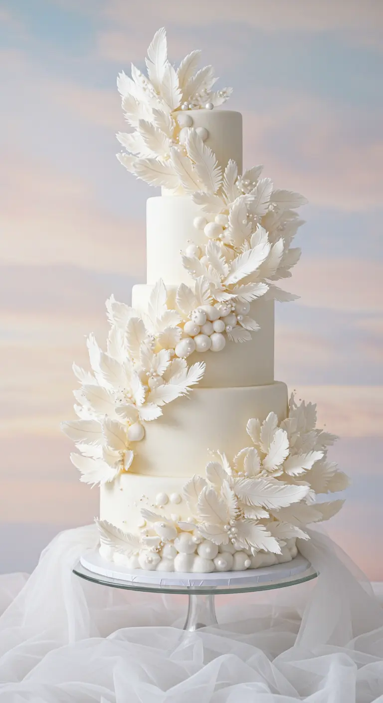 Elegante weiße Hochzeitstorte mit Kaskaden aus Zuckerfedern und Perlen.