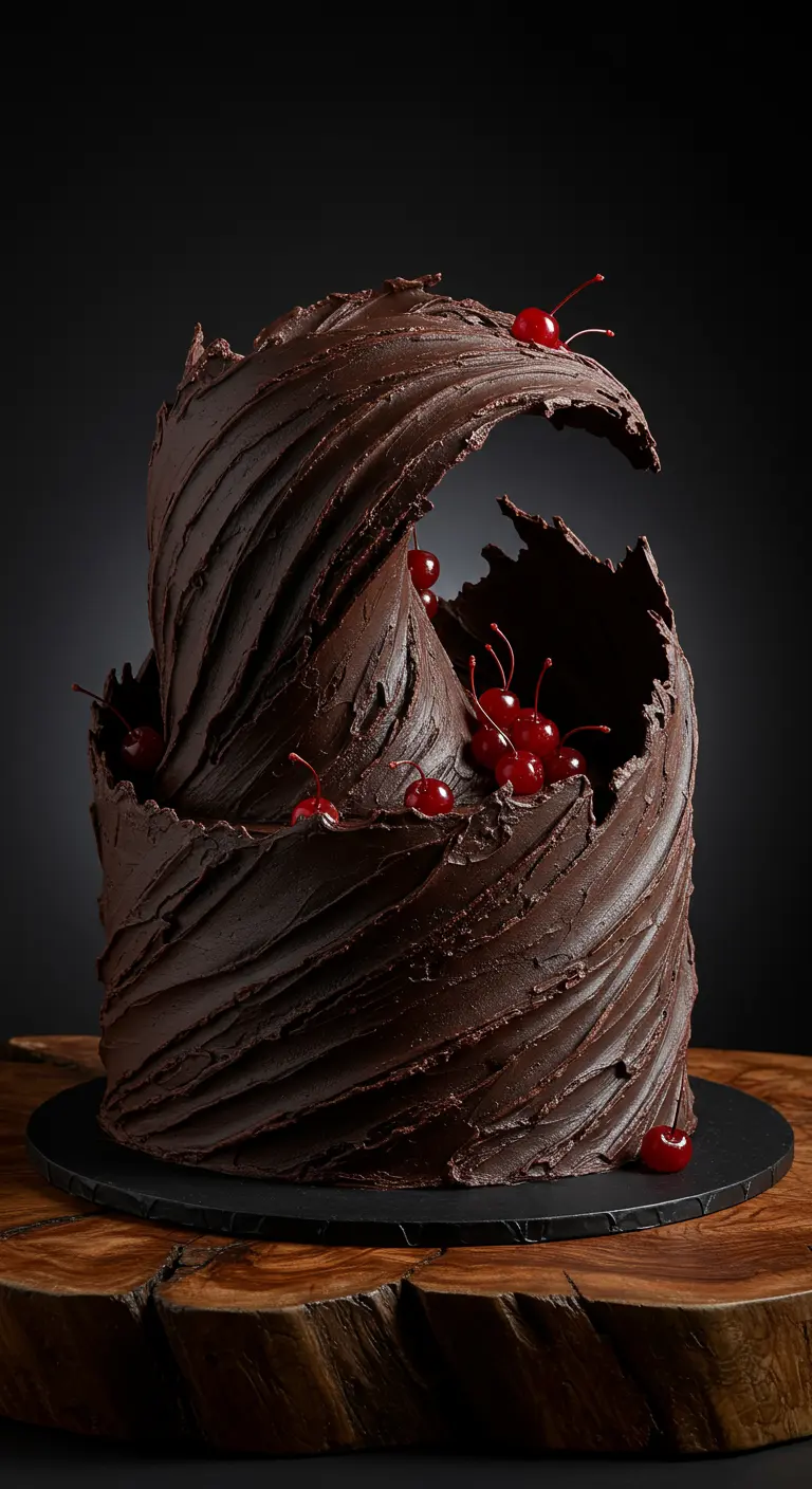Zweistöckige dunkelbraune Torte, geformt wie eine hohe Welle mit einem Einschnitt, aus dem Kirschen fallen