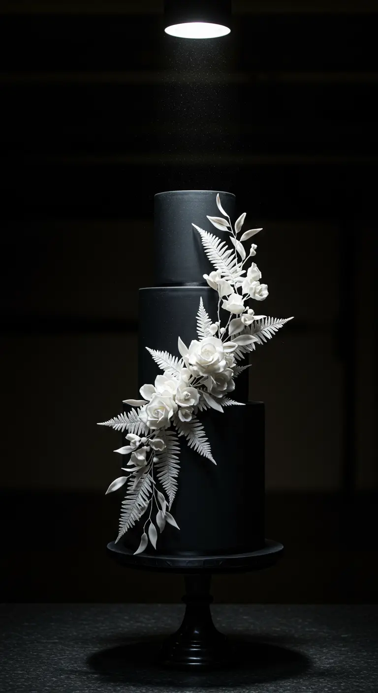 Schwarze Torte mit einer Kaskade aus weißen Zuckerblumen, Farnen und Eukalyptus.