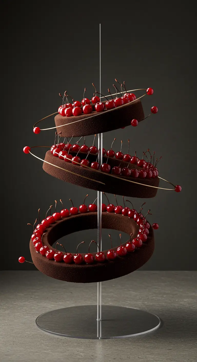 Dreistöckige Torte aus schwebenden Schokoladenringen, die mit Kirschen und goldenen Spiralen verziert sind